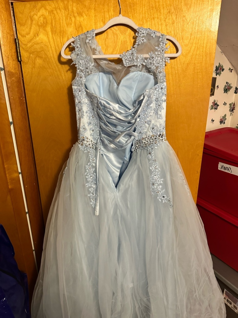 Girls Light Blue Floral Lace-Up Tulle Dress